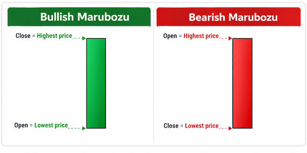 Bullish and bearish Marubozu candlesticks without wicks, illustrating strong buying and selling pressure.